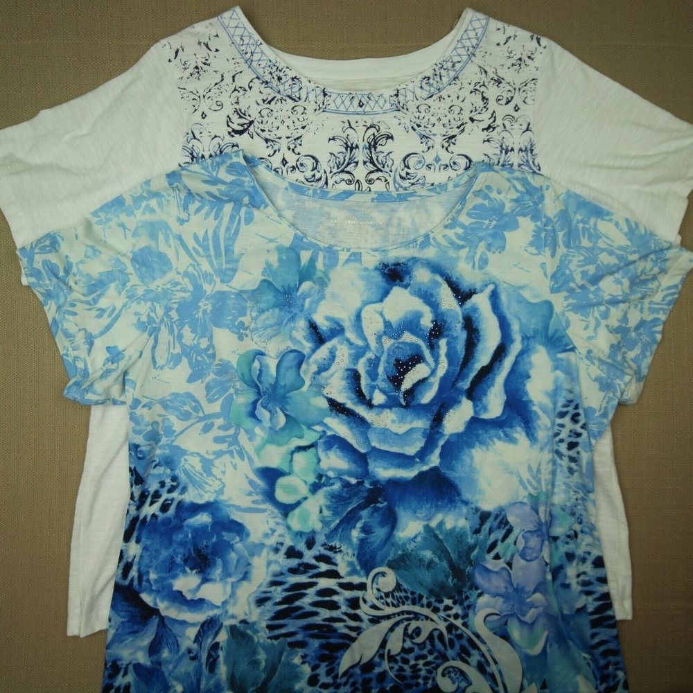 Allison Daley Lot Of 2 Pullover Short Sleeve Shirts Women's Size XL Blue White